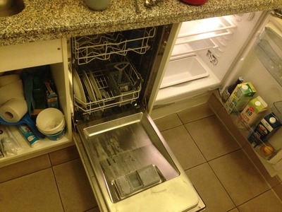 The dishwasher looks like a kitchen cubbard (opened)