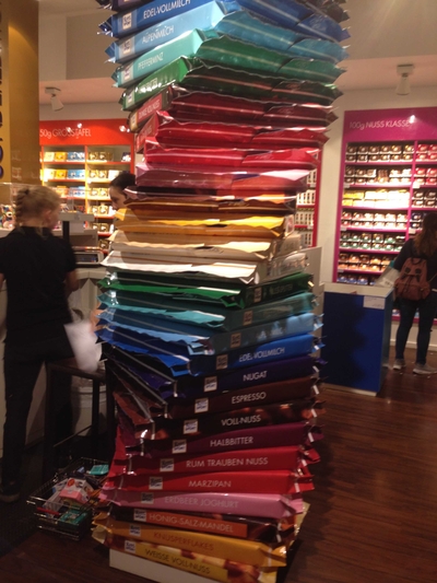 Tower of giant Rittersport chocolates piled up to the ceiling