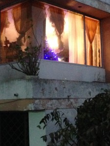A blue Christmas tree visible through the window